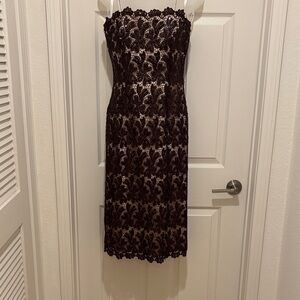 Chic Strapless Brown Lace Dress. Fully lined in neutral. Handmade in NYC.
